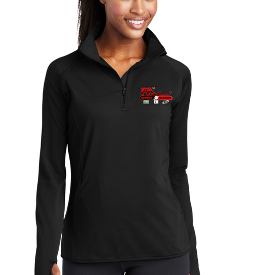 Women's black 1/2-zip pullover jacket featuring Hoosier Classic logo, designed for bowling enthusiasts, part of the 56th Annual Hoosier Classic 2025 collection.