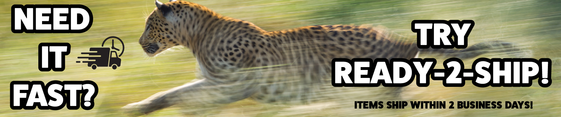 Image of a running leopard representing fast delivery for READY-2-SHIP bowling jersey, with bold promotional text.