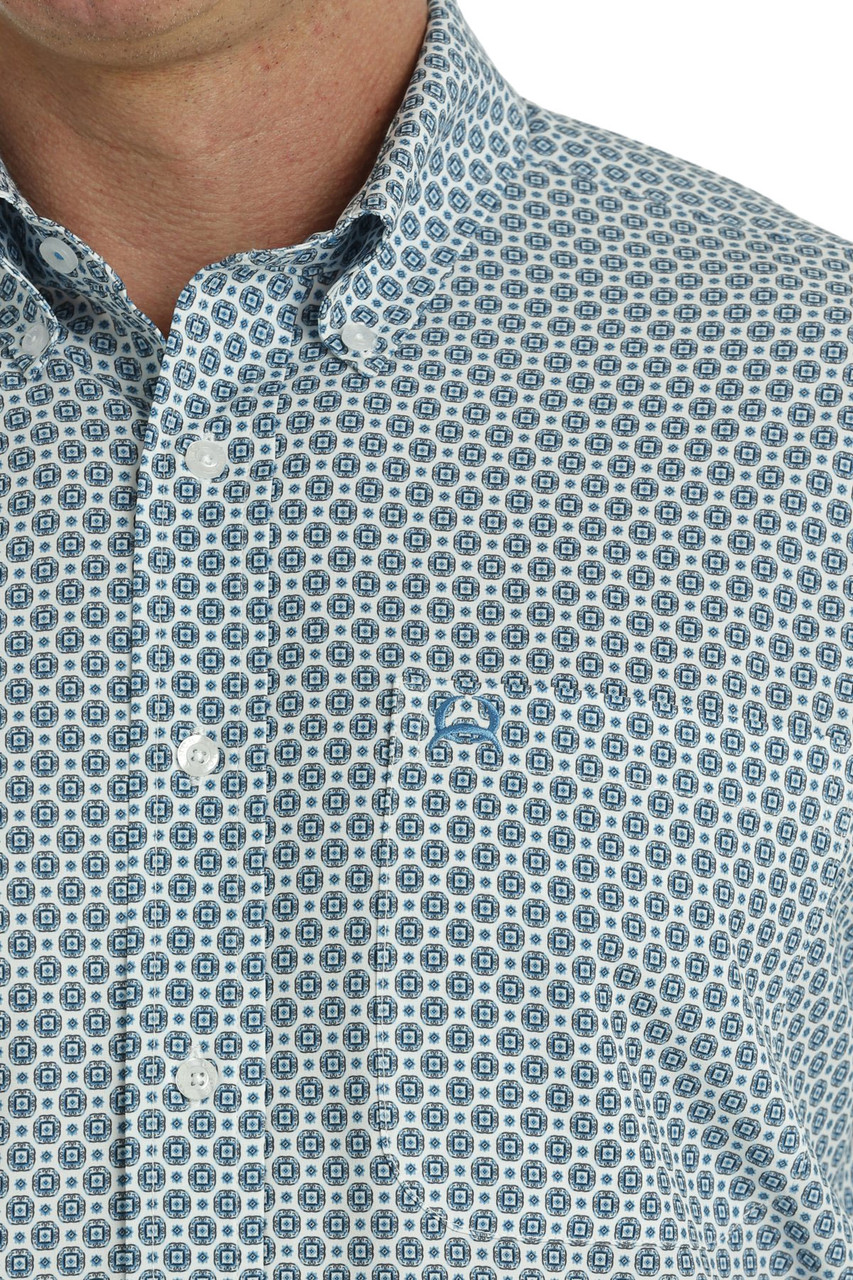 Cinch Shirts Men's Geometric Print Arenaflex White Short
