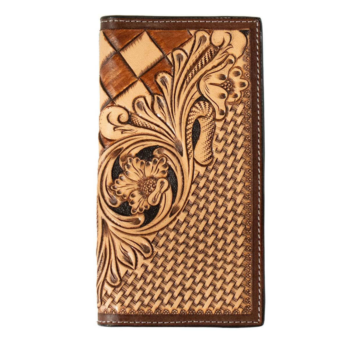 3D Men's Rodeo Hand Tooled Floral Basket Weave Tan Wallet Money Clip
