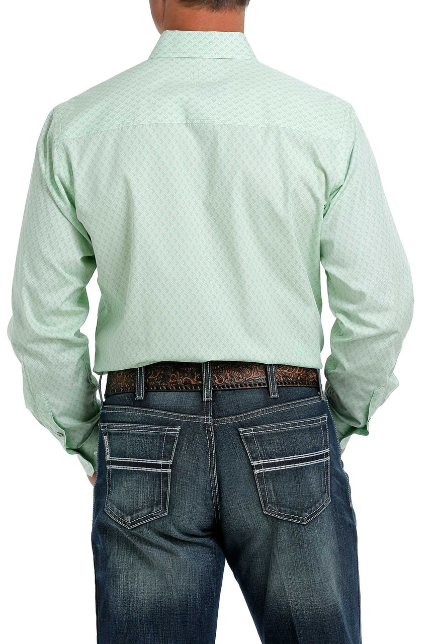 Cinch Men's Modern Fit Green and Cream Print Long Sleeve Shirt