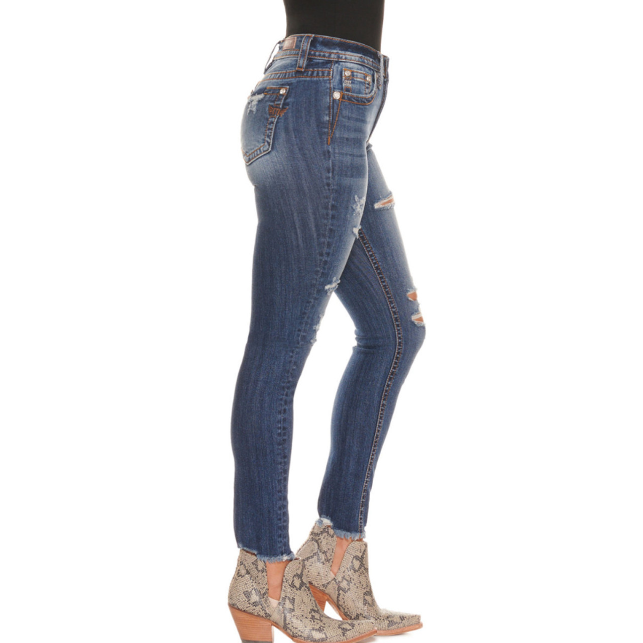 Miss Me Women's Dark Wash Destructed High Rise Cropped Skinny