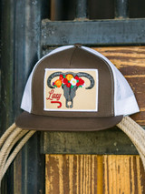 Lazy J Ranch Wear Brown & White 4" Skull & Flowers Cap Hat - BRWWHT4SKULL