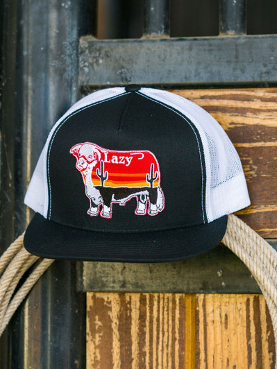 Lazy J Ranch Wear Black & White Sunrise Cactus Bull Snapback Cap Hat - BLKWHT4LSUN