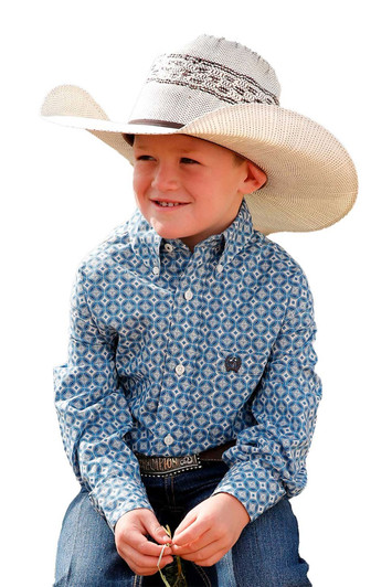 Cinch Youth Blue Diamond Print Long Sleeve Shirt Jacket - MTW7060307