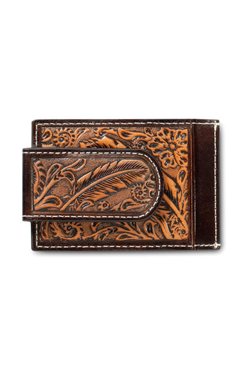 Ariat Men's Leather Floral Embossed Brown Western Wallet Money Clip - A3557802