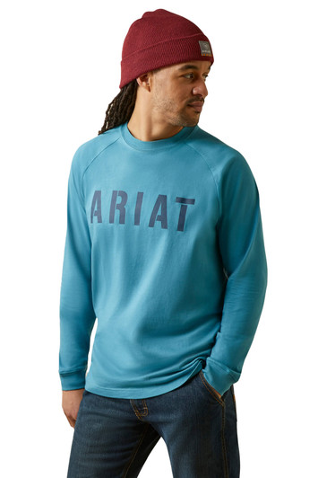 Ariat Men's Rebar Cotton Strong Block Storm Blue Long Sleeve T-Shirt Tee - 10046645
