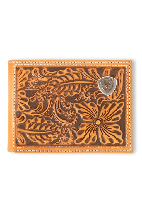 Ariat Men's Bifold Leather Embossed Floral Logo Natural Wallet Money Clip