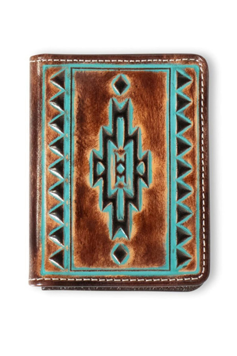 Ariat Wallet Men's Bifold Leather Turquoise Outline Brown Money Clip - A3560102