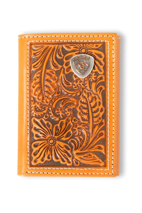 Ariat Wallets Men's Trifold Leather Logo Embossed Floral Money Clip - A3559948
