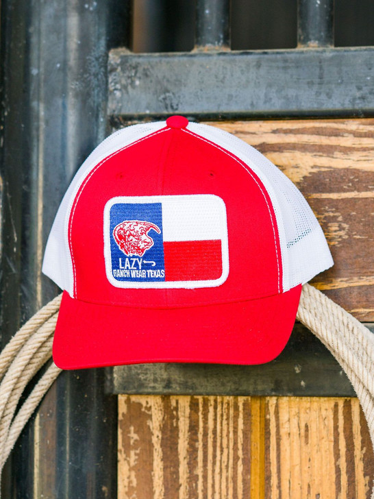 Lazy J Ranch Wear Red & White 3.5" Texas Flag Elevation Cap Hat - REDWHT3TXELV