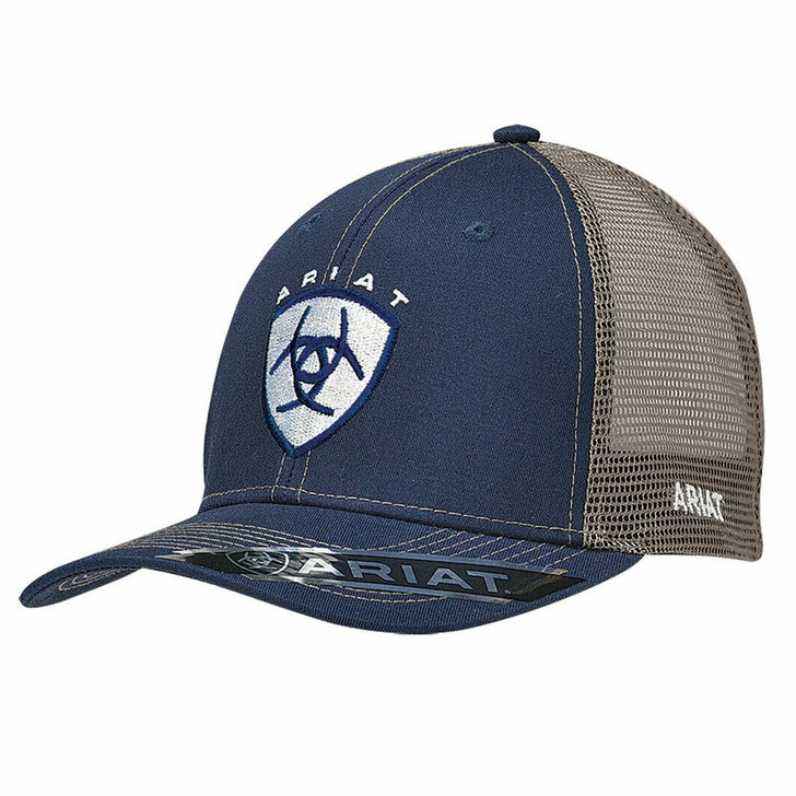 Ariat Men's Navy Shield Logo Mesh Snapback Ball Patch Cap Hats - 1595303