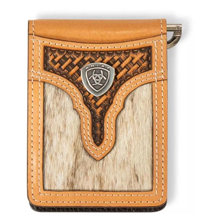Ariat Men's Bifold Leather Calf Hair Weave Concho Wallet Money Clip