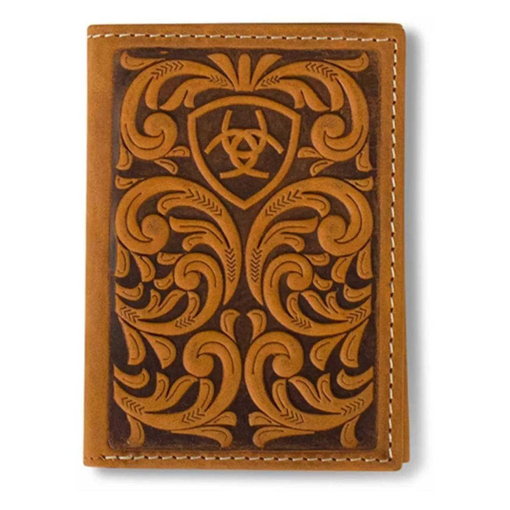 Ariat Men's Trifold Scrolling Embossed Medium Brown Wallet Money Clip