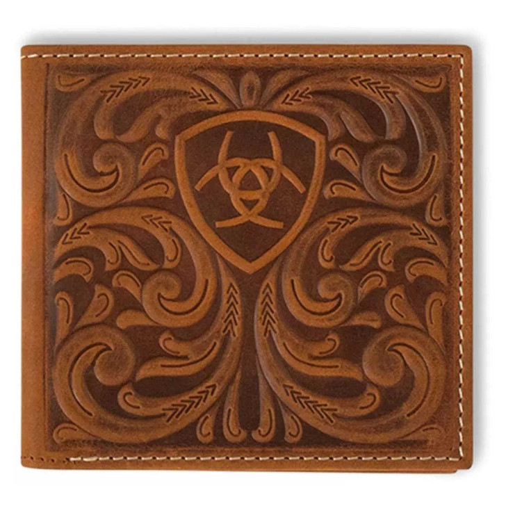 Ariat Men's Bifold Leather Scrolling Embossed Brown Wallet Money Clip