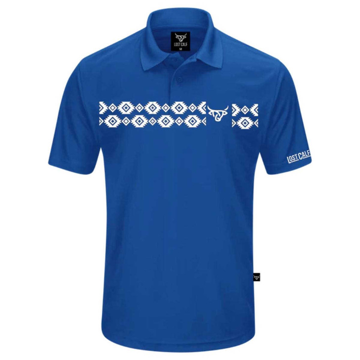 Lost Calf Men's Aztec Polo Blue Short Sleeve T-Shirt Tee