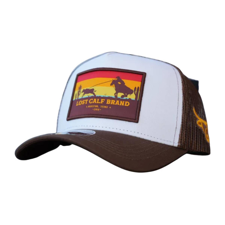 Lost Calf Unisex Roper Curve Brown & White Mesh Back Snapback Patch Cap Hat