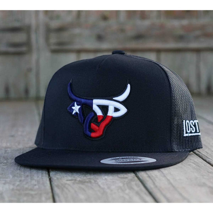 Lost Calf Unisex Texas Bull Flat Black Mesh Back Snapback Patch Cap Hat
