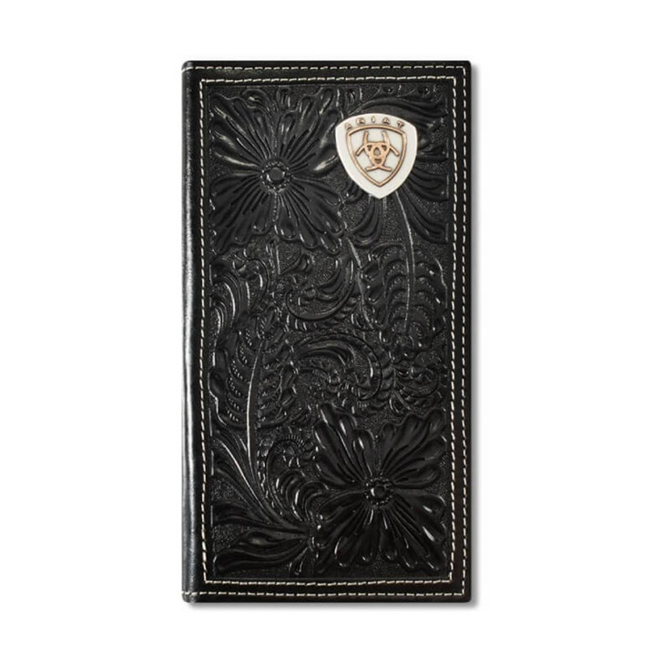 Ariat Men's Floral Embossed Shield Black Wallet Money Clip