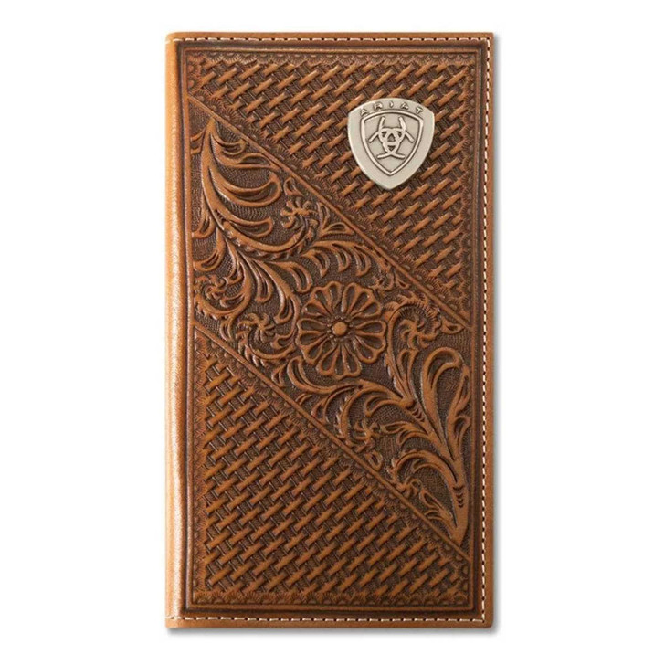 Ariat Men's Rodeo Basket Weave Floral Shield Tan Wallet Money Clip