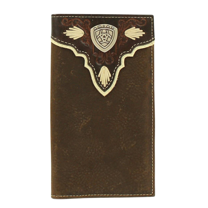 Ariat Men's Leather Overlay Ivory Trim Brown Wallet Money Clip