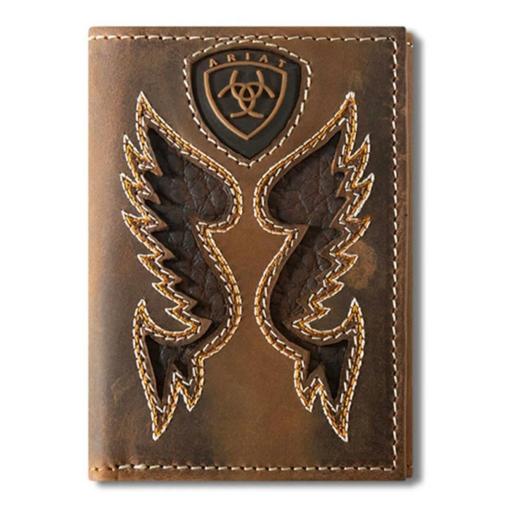 Ariat Men's Trifold Leather Boot Stitch Patch Brown Wallet Money Clip
