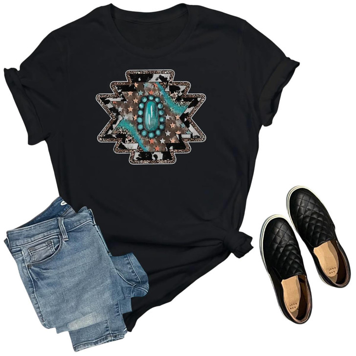 The Way Down South Unisex Aztec Cowhide Turquoise Black Short Sleeve T-Shirt Tee