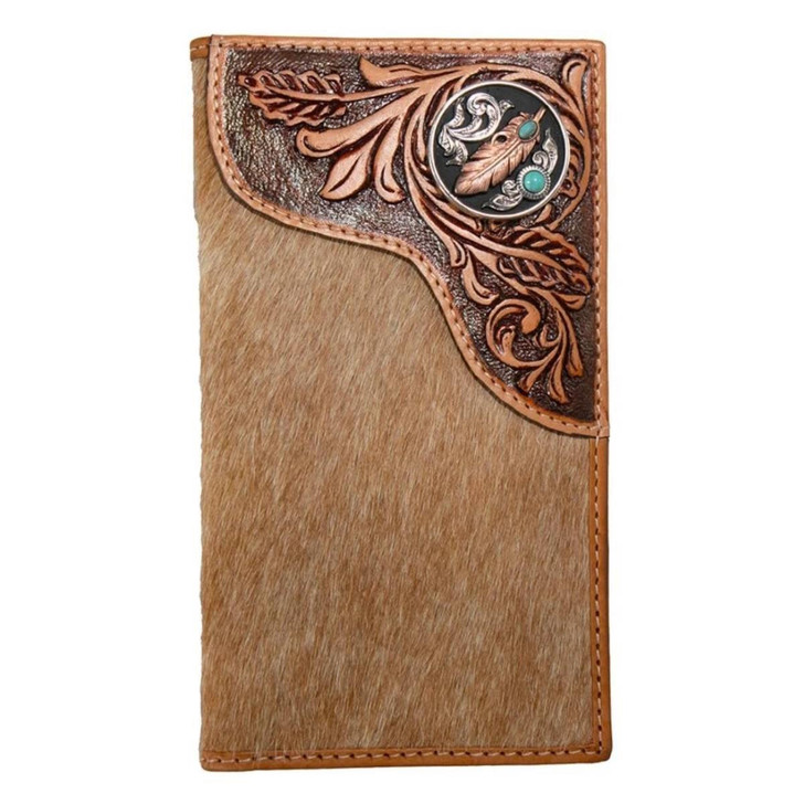 Nocona Men's Rodeo Tooled Overlay Feather Concho Tan Wallet Money Clip