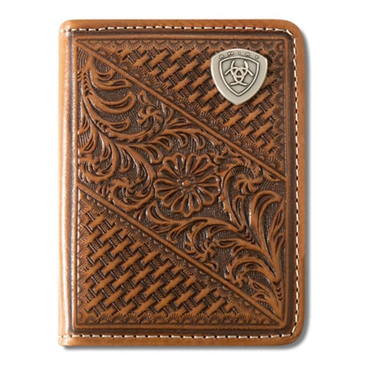 Ariat Men's Bifold Leather Weave Floral Concho Tan Wallet Money Clip