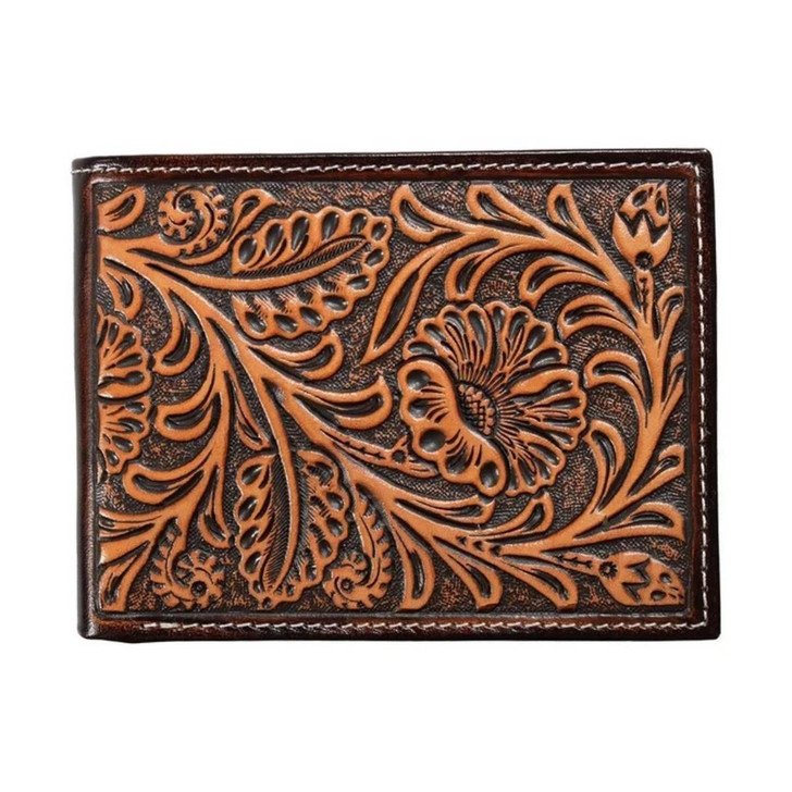 Nocona Men's Bifold Pass Case Floral Brown Wallet Money Clip