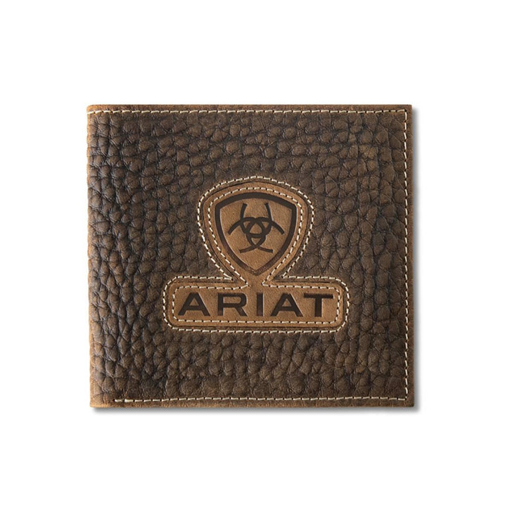 Ariat Men's Bifold Leather Inlayed Embossed Patch Brown Wallet Money Clip