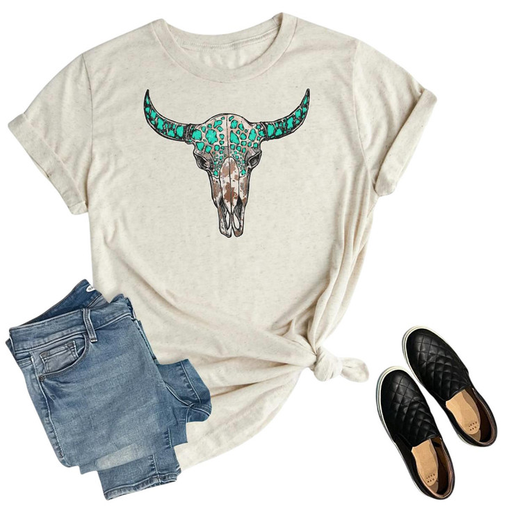 The Way Down South Unisex Turquoise Cowprint Skull Oat Short Sleeve T-Shirt Tee