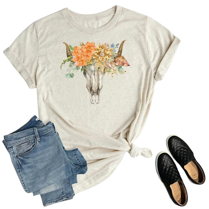 The Way Down South Unisex Western Floral Boho Cowskull Oat Short Sleeve T-Shirt Tee
