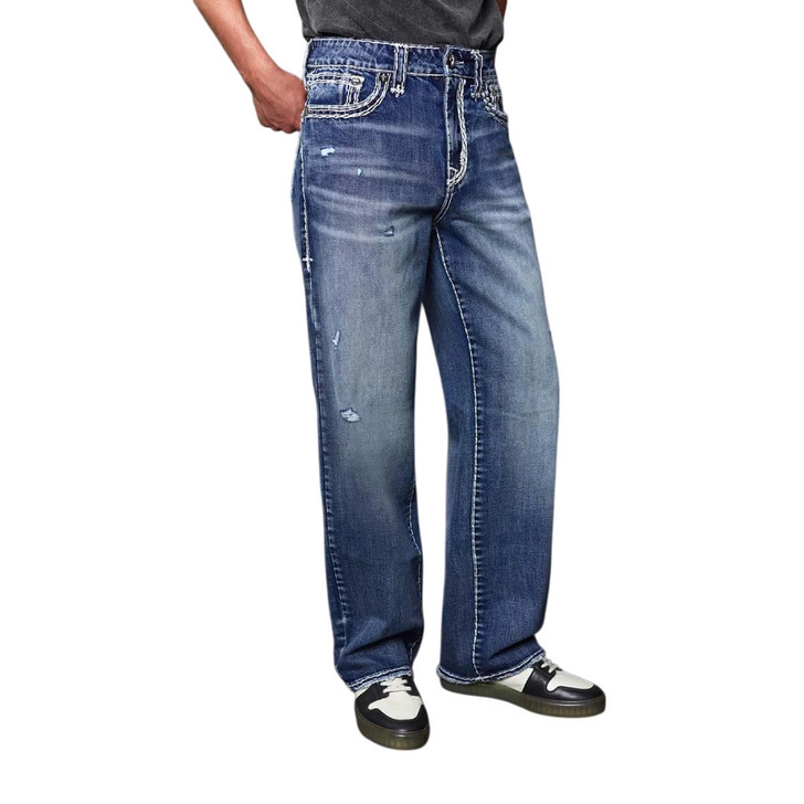 Answer Me Men's Embroidered Baggy Straight Denim Jean