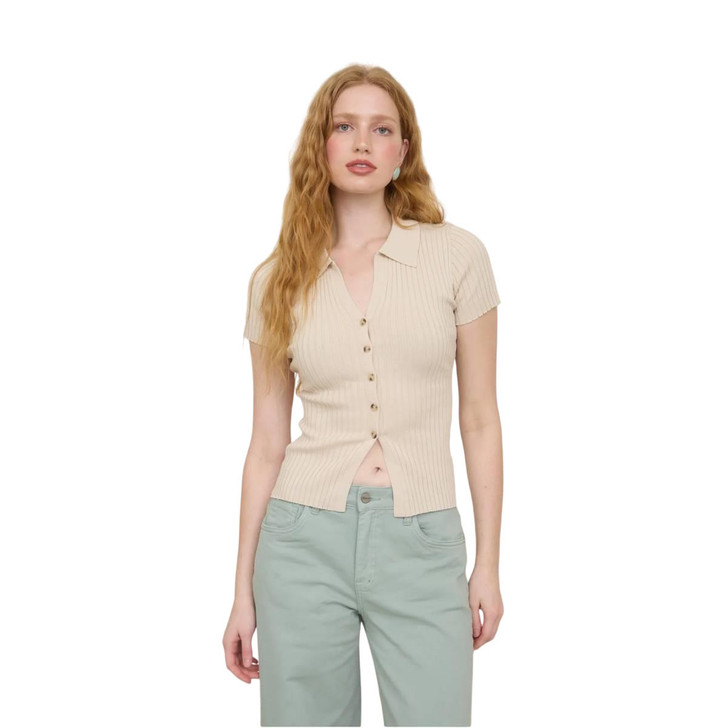 Blu Pepper Women's Collared Short Sleeve Ribbed Sweater Knit Top