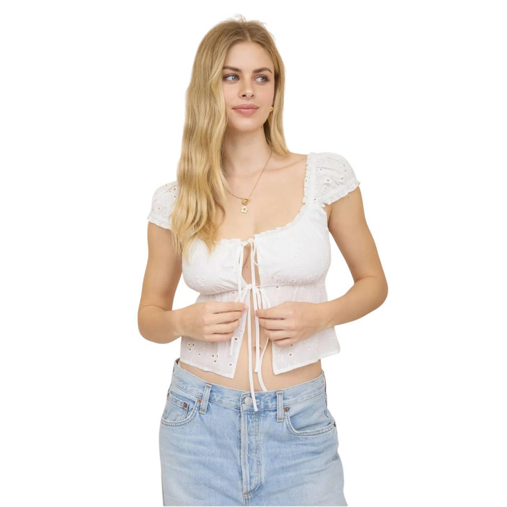 Blu Pepper Women's Front Tie Eyelet Embroidery Cropped Top