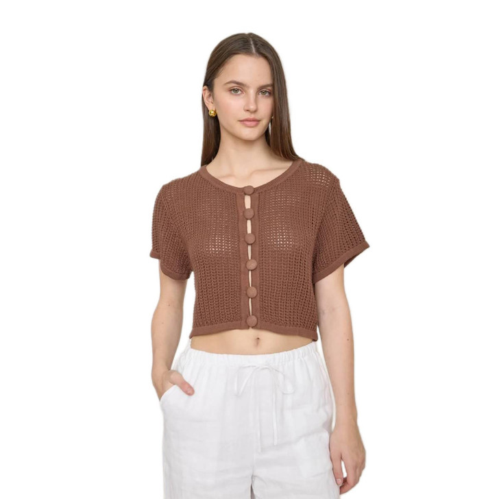 Blu Pepper Women's Crochet Button Cover Detail Short Sleeve Brown Cardigan