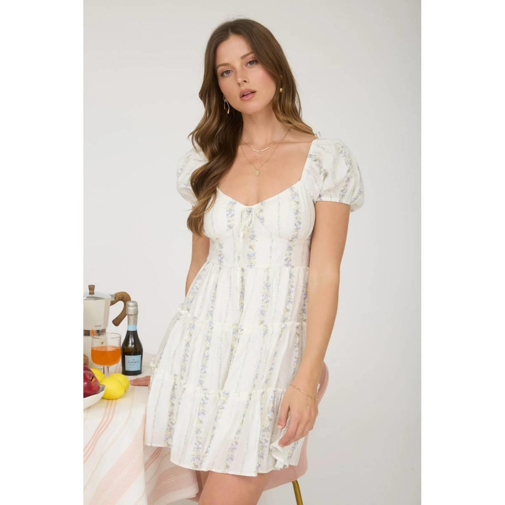 Blu Pepper Women's Stripe Floral Puff Sleeve Tiered Mini Dress
