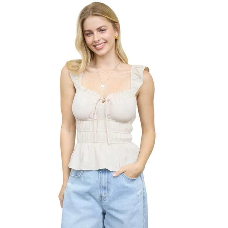 Blu Pepper Women's Sweetheart Front Tie Ruffle Sleeve Shirred Top