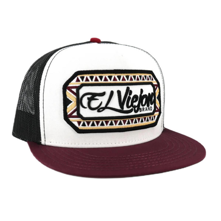 El Viejon Unisex Azteca Flat Visor Plum & White Mesh Back Snapback Patch Cap Hat