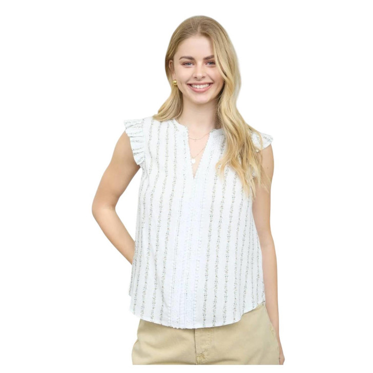 Blu Pepper Women's Stripe Floral Garland Pattern Ruffle Sleeve Top