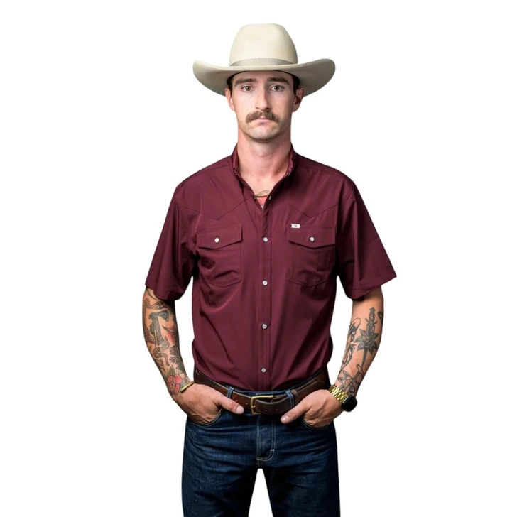 Ferrell Men's Core Pearl Snap Maroon Short Sleeve Shirt