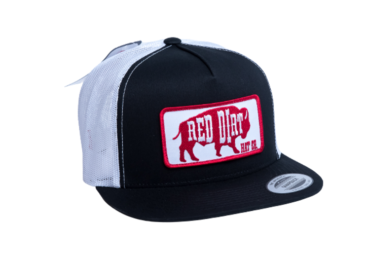 Red Dirt Hat Co. Black and White with Red Original Buffalo Logo Patch Mesh Cap