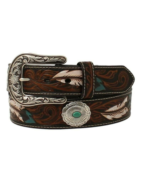 A1533602 Ariat Women's Brown Tooled Leather Belt w/Feathers & Silver  Turquoise Conchos