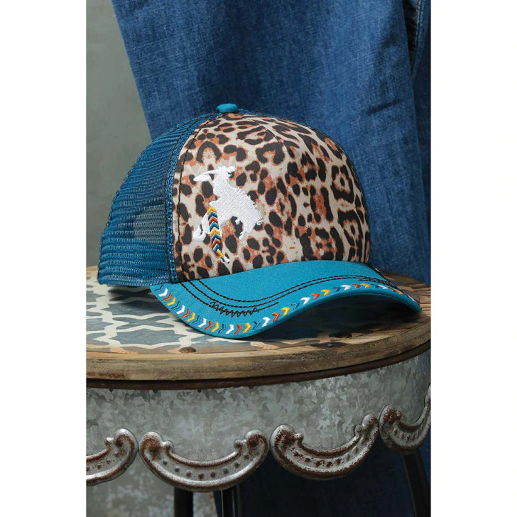 Cruel Girl's Turquoise Leopard Bucking Horse Mesh Back Snap Back Trucker Baseball Cap Patch Hats - CCC0041013