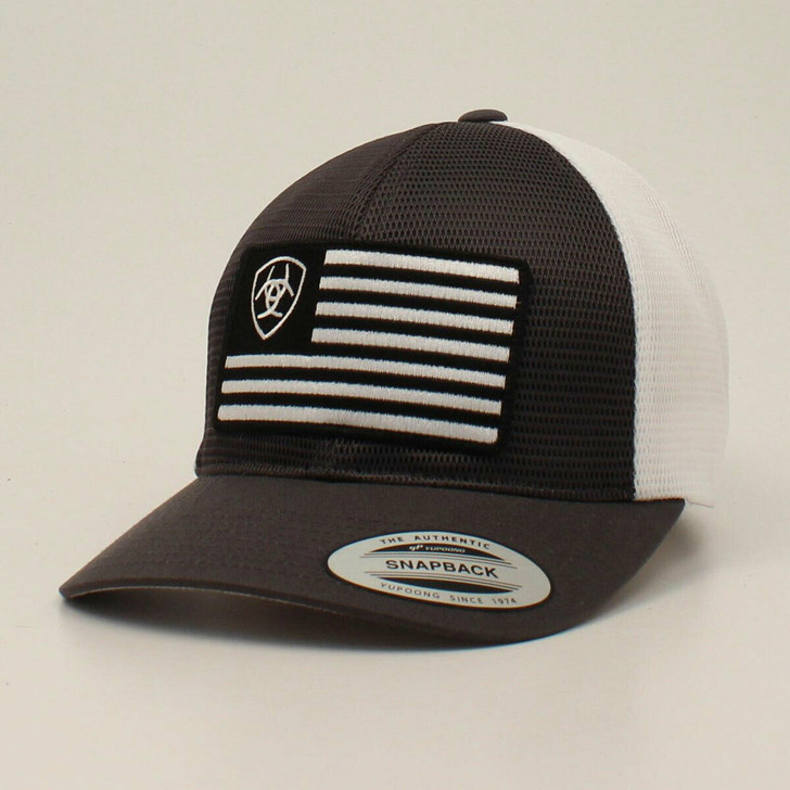 Ariat Men's Shield Flag Charcoal/White Mesh Back Snapback Patch Cap Hats - A300043007