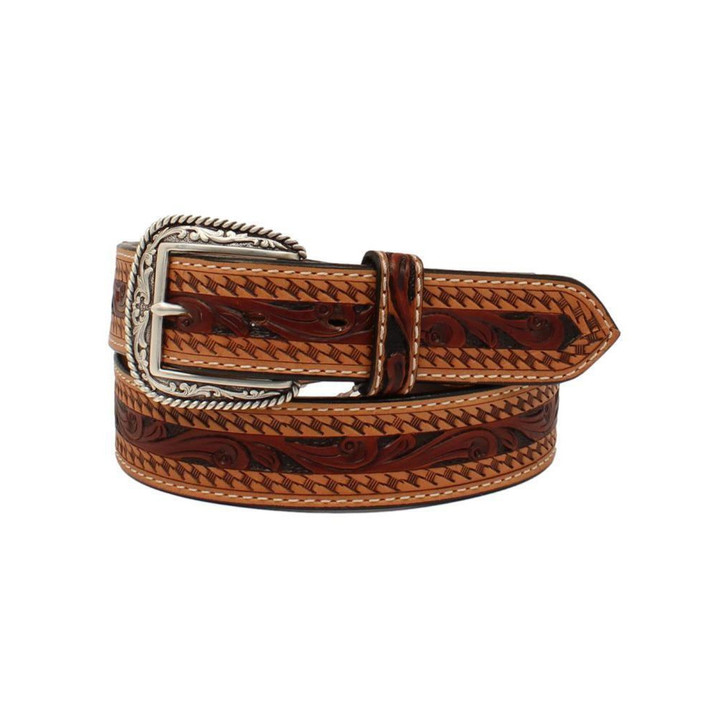 Ariat Men's 1 1/2" Zigzag Edge Floral Tooled Tan Belt - A1039108