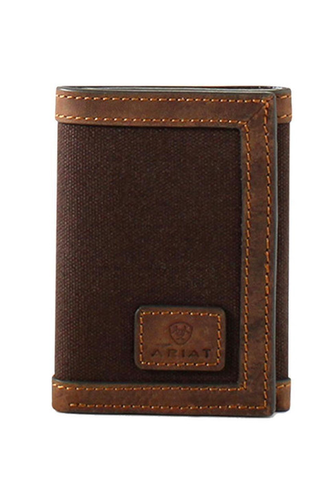 Ariat Men's Trifold Canvas Leather Logo Patch Brown Wallet Money Clip - A3551902