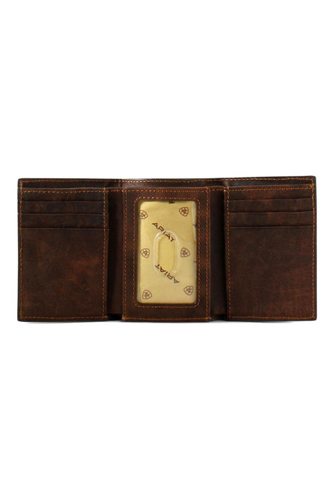 Ariat Men's Trifold Canvas Leather Logo Patch Brown Wallet Money Clip - A3551902