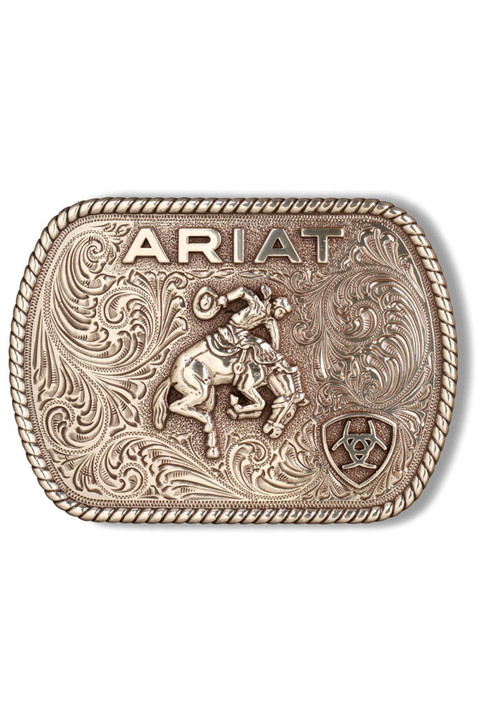 Ariat Belt Buckle Unisex Rectangle Saddle Bronc Logo Silver - A37053